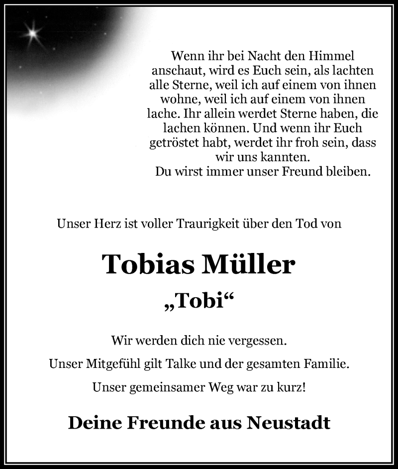  Traueranzeige für Tobias Müller vom 03.09.2013 aus Nordwest-Zeitung