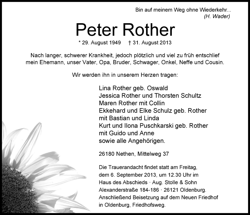  Traueranzeige für Peter Rother vom 03.09.2013 aus Nordwest-Zeitung