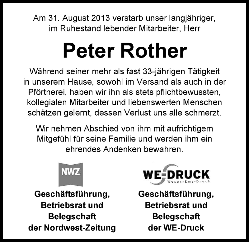  Traueranzeige für Peter Rother vom 03.09.2013 aus Nordwest-Zeitung