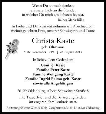 Traueranzeige von Christa Kaste von Nordwest-Zeitung