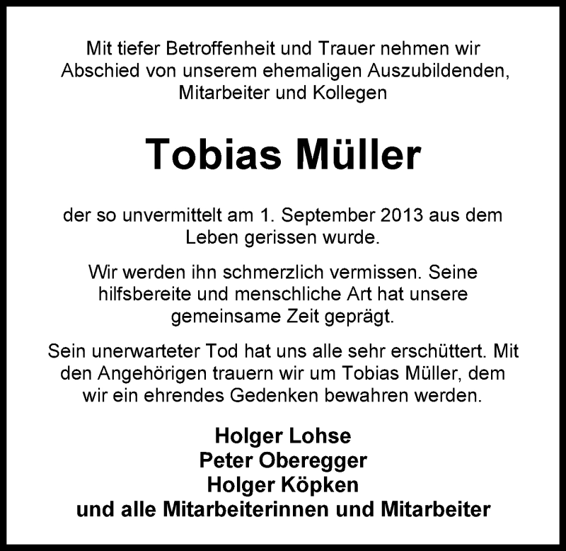  Traueranzeige für Tobias Müller vom 03.09.2013 aus Nordwest-Zeitung