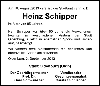 Traueranzeige von Heinz Schipper von Nordwest-Zeitung