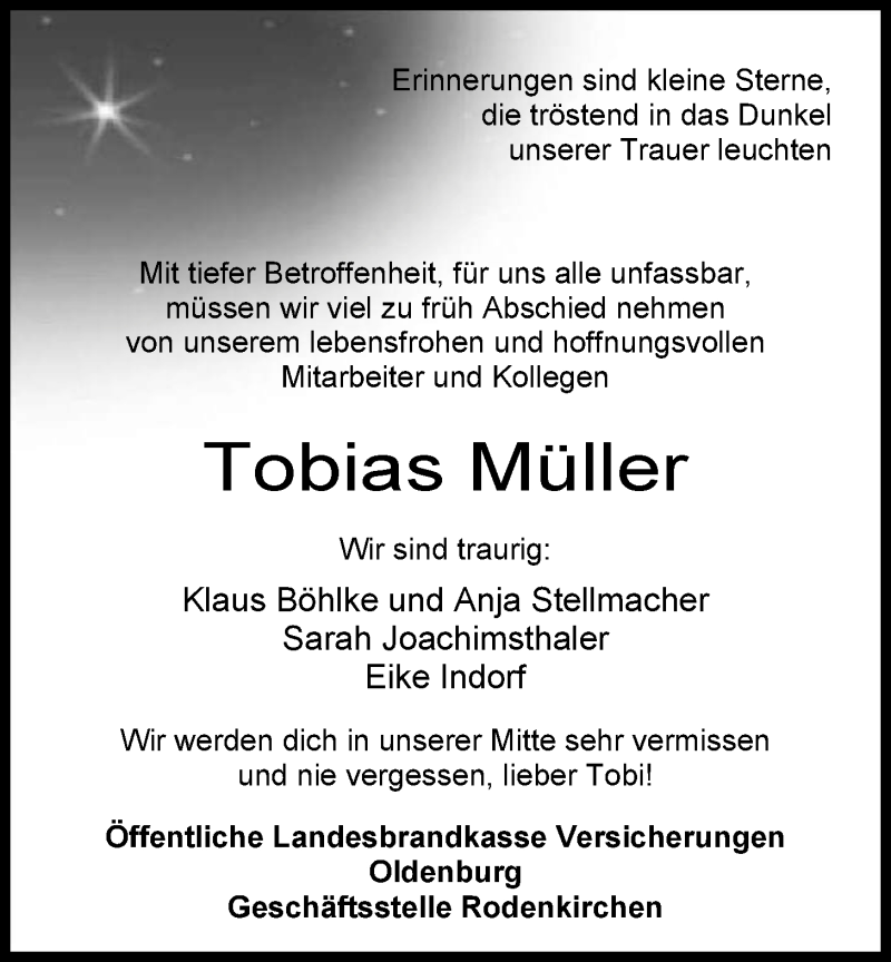  Traueranzeige für Tobias Müller vom 04.09.2013 aus Nordwest-Zeitung