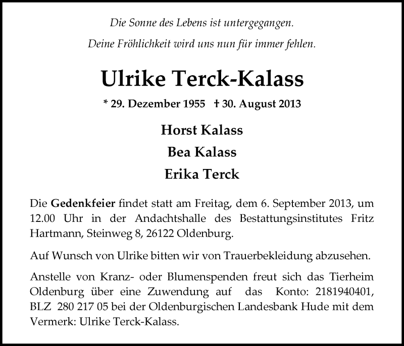  Traueranzeige für Ulrike Terck-Kalass vom 04.09.2013 aus Nordwest-Zeitung