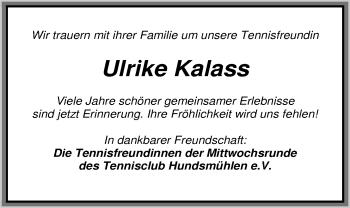 Traueranzeige von Ulrike Terck-Kalass von Nordwest-Zeitung