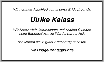 Traueranzeige von Ulrike Terck-Kalass von Nordwest-Zeitung