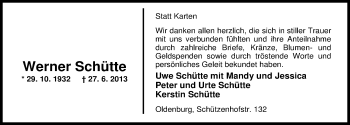 Traueranzeige von Werner Schütte von Nordwest-Zeitung