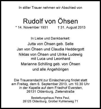 Traueranzeige von Rudolf von Öhsen von Nordwest-Zeitung
