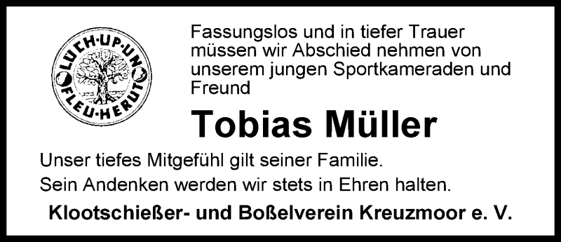  Traueranzeige für Tobias Müller vom 04.09.2013 aus Nordwest-Zeitung