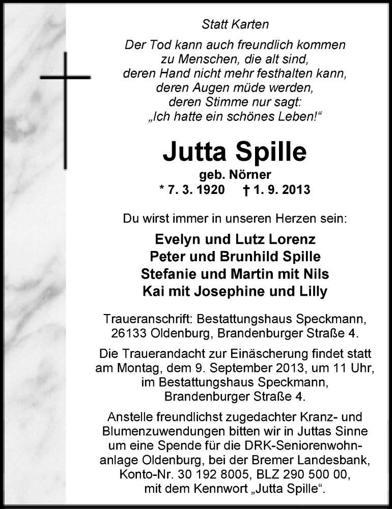  Traueranzeige für Jutta Spille vom 05.09.2013 aus Nordwest-Zeitung