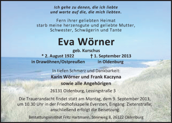 Traueranzeige von Eva Wörner von Nordwest-Zeitung