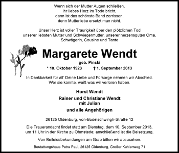 Traueranzeige von Margarete Wendt von Nordwest-Zeitung