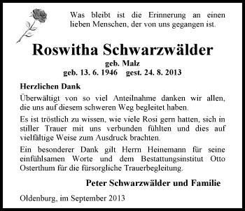 Traueranzeige von Roswitha Schwarzwälder von Nordwest-Zeitung