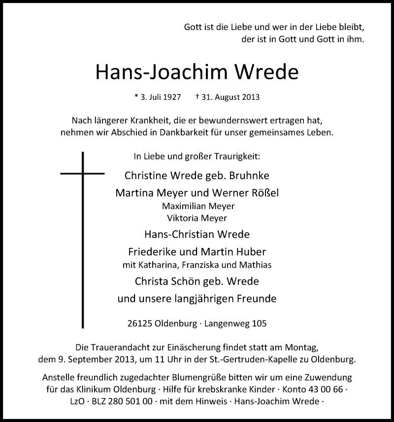  Traueranzeige für Hans-Joachim Wrede vom 06.09.2013 aus Nordwest-Zeitung