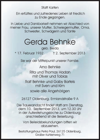 Traueranzeige von Gerda Behnke von Nordwest-Zeitung