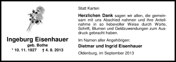 Traueranzeige von Ingeborg Eisenhauer von Nordwest-Zeitung