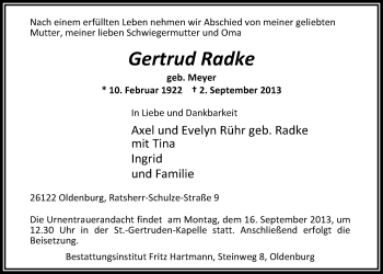 Traueranzeige von Gertrud Radke von Nordwest-Zeitung