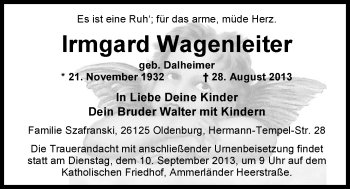 Traueranzeige von Irmgard Wagenleiter von Nordwest-Zeitung