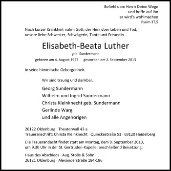 Traueranzeige von Elisabeth-Beata Luther von Nordwest-Zeitung