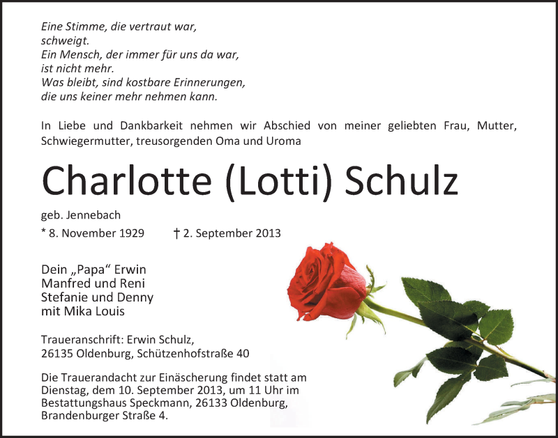  Traueranzeige für Charlotte Schulz vom 07.09.2013 aus Nordwest-Zeitung