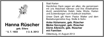 Traueranzeige von Hanna Rüscher von Nordwest-Zeitung