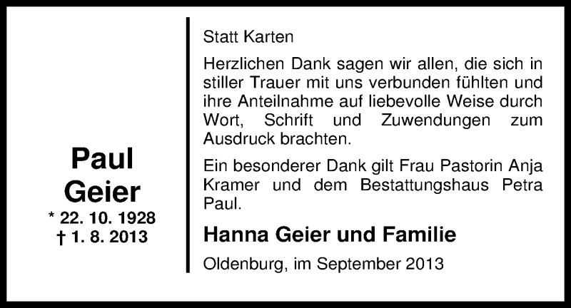  Traueranzeige für Paul Geier vom 09.09.2013 aus Nordwest-Zeitung