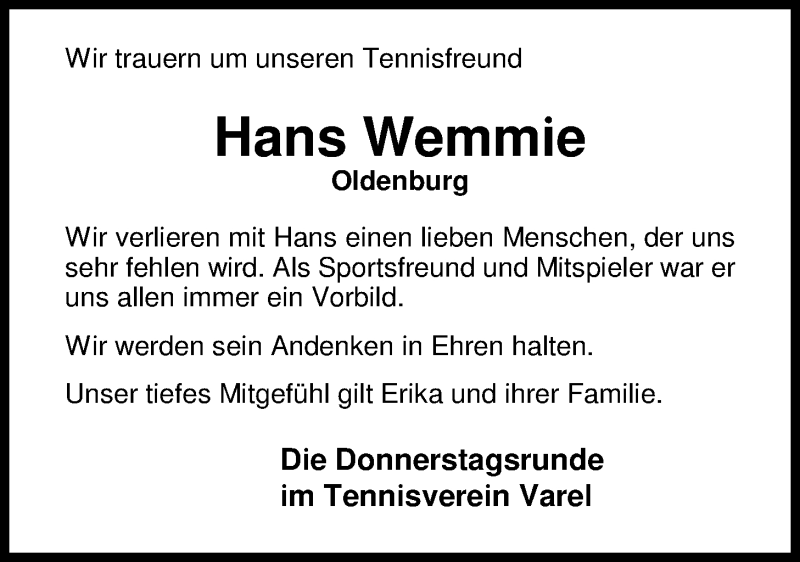 Traueranzeige für Hans Wemmie vom 07.09.2013 aus Nordwest-Zeitung