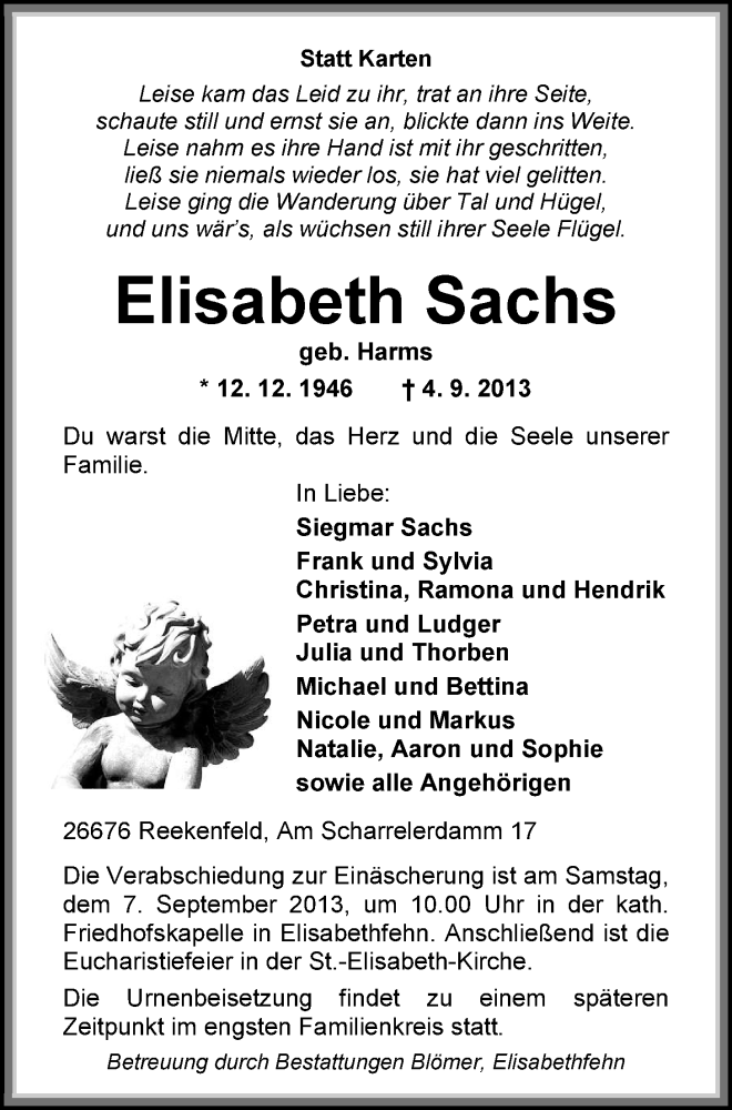  Traueranzeige für Elisabeth Sachs vom 06.09.2013 aus Nordwest-Zeitung