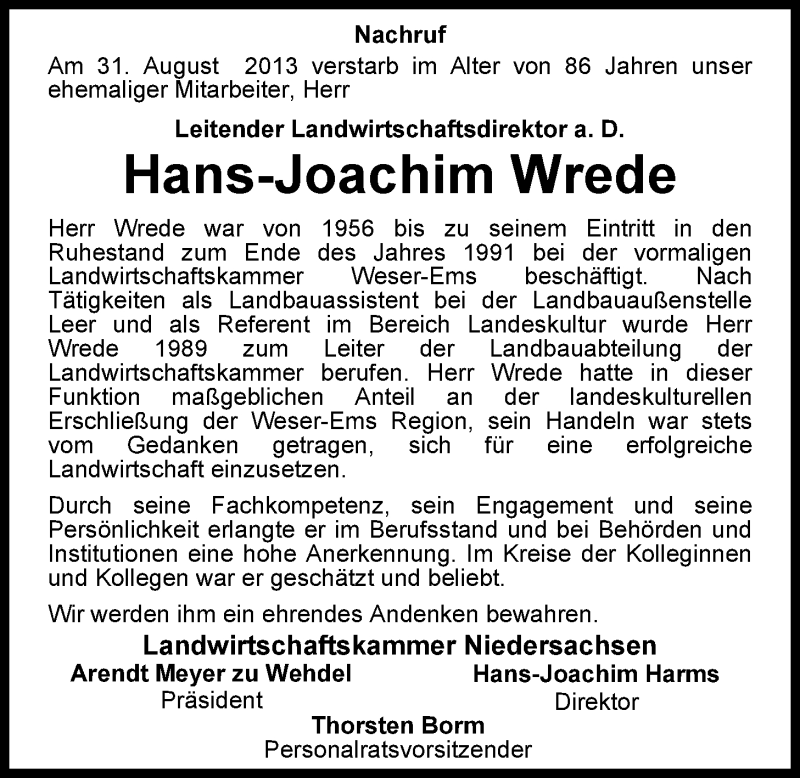  Traueranzeige für Hans-Joachim Wrede vom 06.09.2013 aus Nordwest-Zeitung