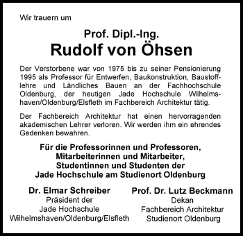 Traueranzeige von Rudolf von Öhsen von Nordwest-Zeitung