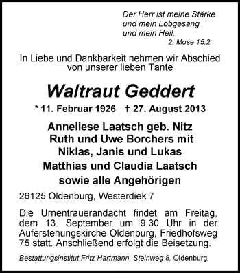 Traueranzeige von Waltraut Geddert von Nordwest-Zeitung