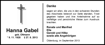 Traueranzeige von Hanna Gabel von Nordwest-Zeitung
