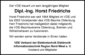 Traueranzeige von Horst Friedrichs von Nordwest-Zeitung