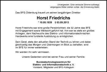 Traueranzeige von Horst Friedrichs von Nordwest-Zeitung