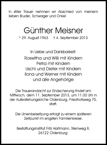 Traueranzeige von Günther Meisner von Nordwest-Zeitung