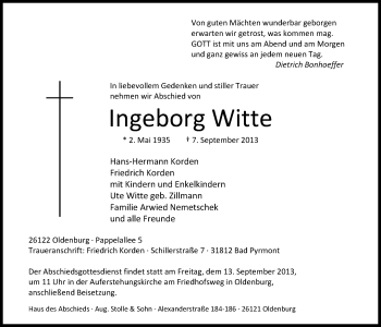 Traueranzeige von Ingeborg Witte von Nordwest-Zeitung