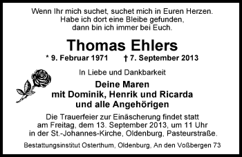Traueranzeige von Thomas Ehlers von Nordwest-Zeitung