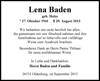 Traueranzeige von Lena Baden von Nordwest-Zeitung
