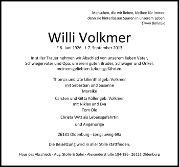 Traueranzeige von Willi Volkmer von Nordwest-Zeitung
