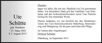 Traueranzeige von Ute Schütte von Nordwest-Zeitung