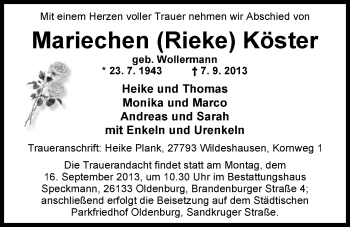 Traueranzeige von Mariechen Rieke Köster von Nordwest-Zeitung