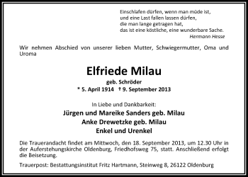 Traueranzeige von Elfriede Milau von Nordwest-Zeitung