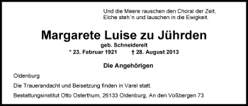Traueranzeige von Margarete Luise zu Jührden von Nordwest-Zeitung