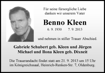 Traueranzeige von Benno Friedrich Hinrich Wilhelm Kleen von Nordwest-Zeitung