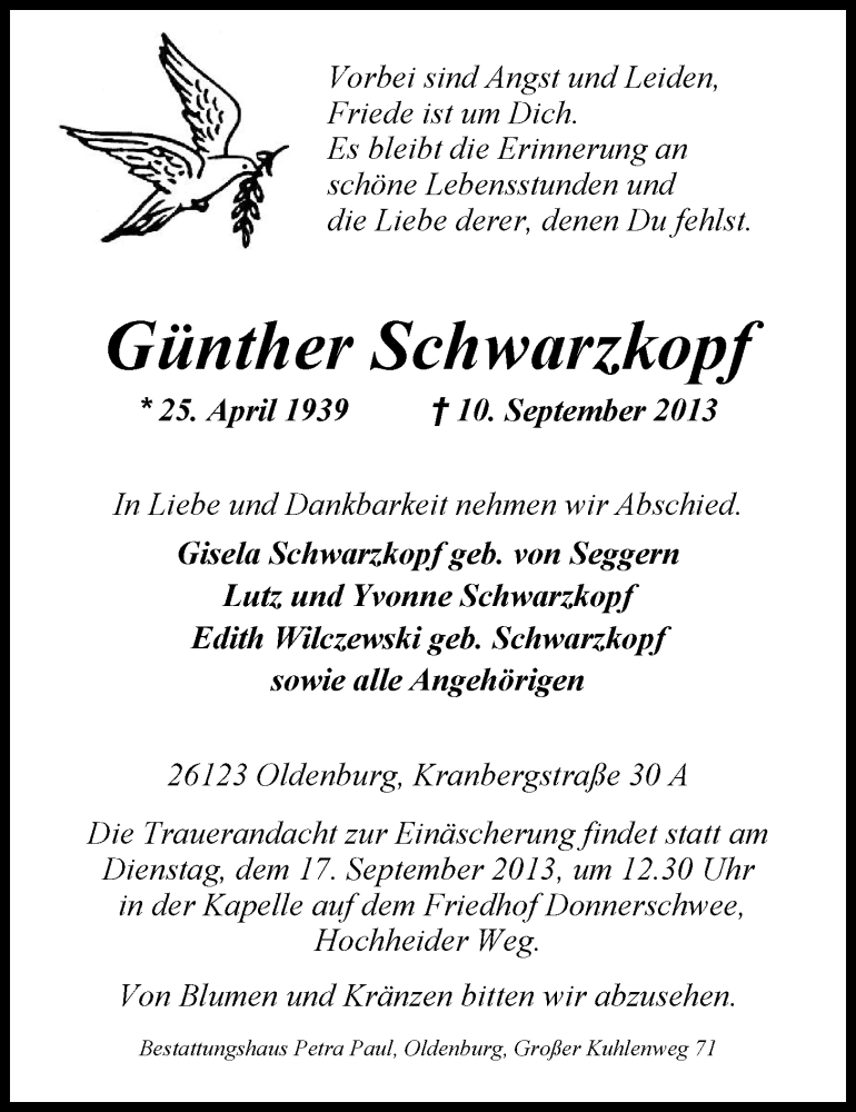  Traueranzeige für Günther Schwarzkopf vom 13.09.2013 aus Nordwest-Zeitung