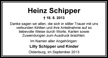 Traueranzeige von Heinz Schipper von Nordwest-Zeitung