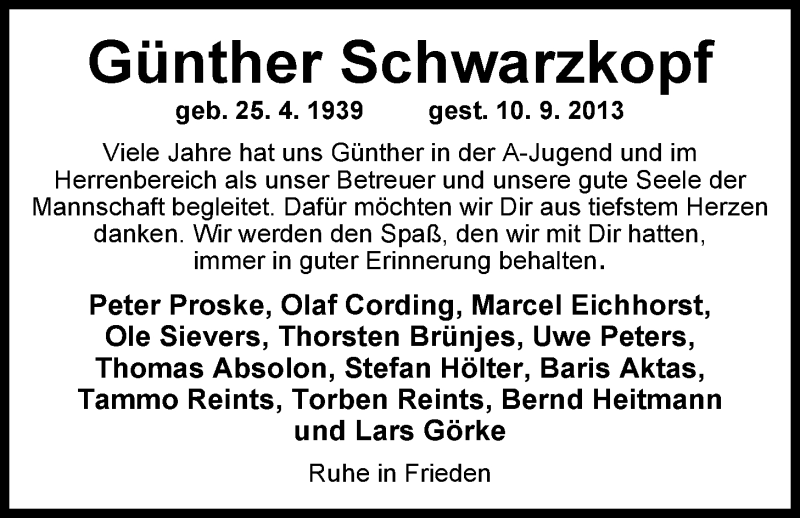  Traueranzeige für Günther Schwarzkopf vom 13.09.2013 aus Nordwest-Zeitung