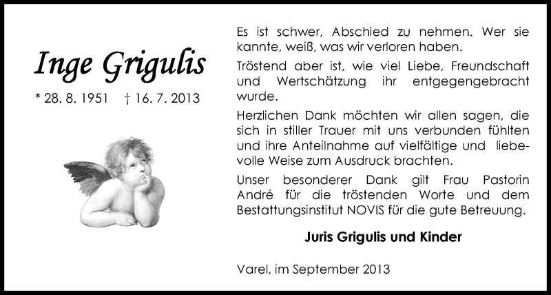  Traueranzeige für Inge Grigulis vom 14.09.2013 aus Nordwest-Zeitung