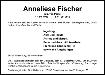 Traueranzeige von Anneliese Fischer von Nordwest-Zeitung