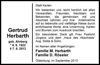 Traueranzeige von Gertrud Herbarth von Nordwest-Zeitung